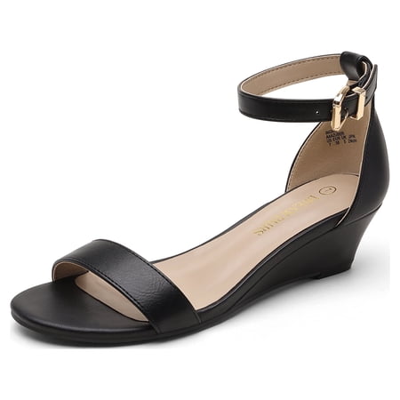 Women Low Wedge Heel Sandals Open Toe Ankle Strap Buckle Lady Work Casual Shoes BLACK/PU Size 6