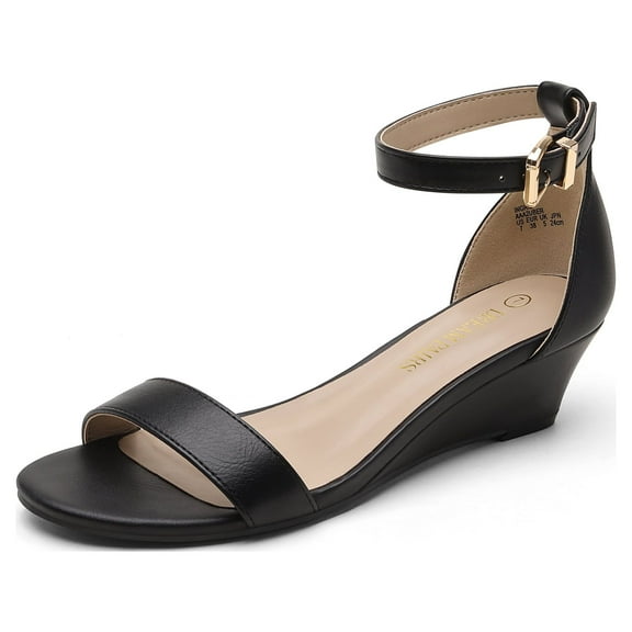 Women Low Wedge Heel Sandals Open Toe Ankle Strap Buckle Lady Work Casual Shoes BLACK/PU Size 7.5