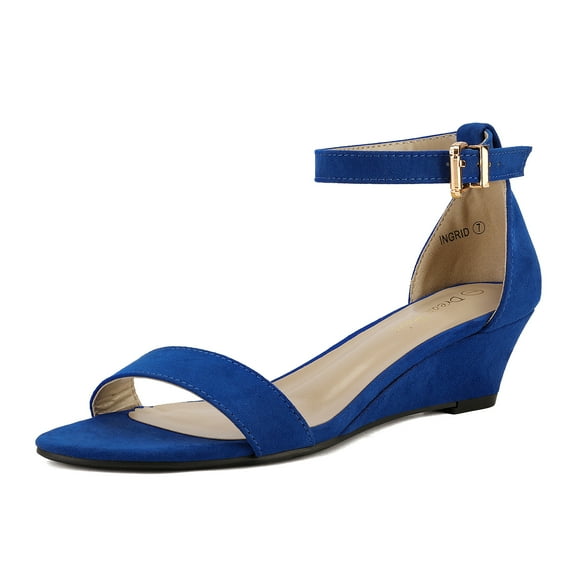 Women Low Wedge Heel Sandals Open Toe Ankle Strap Buckle Lady Work Casual Shoes INGRID ROYAL/BLUE/SUEDE Size 7