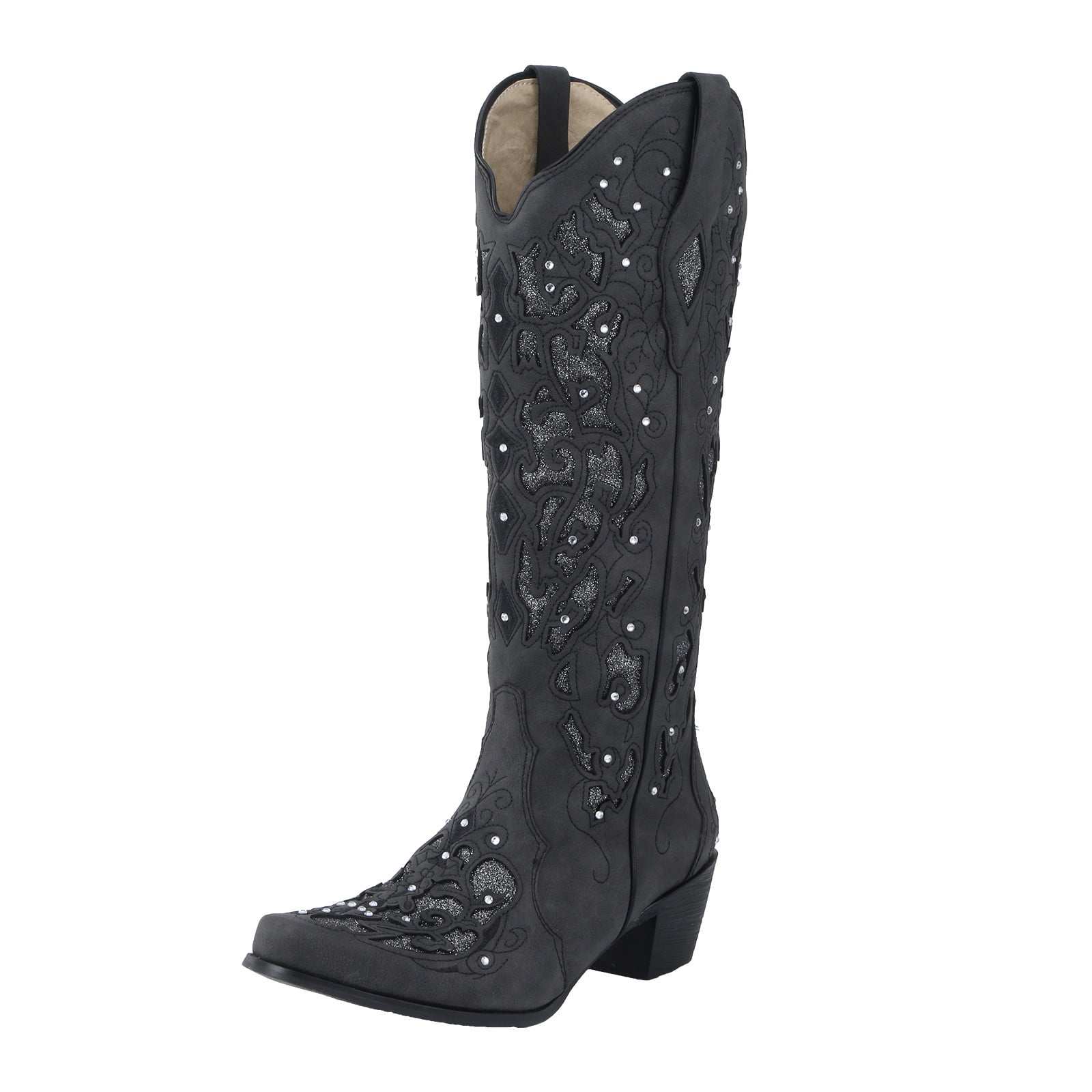 For Women Low Western Rhinestone Heel Boots High Rodeo Knee