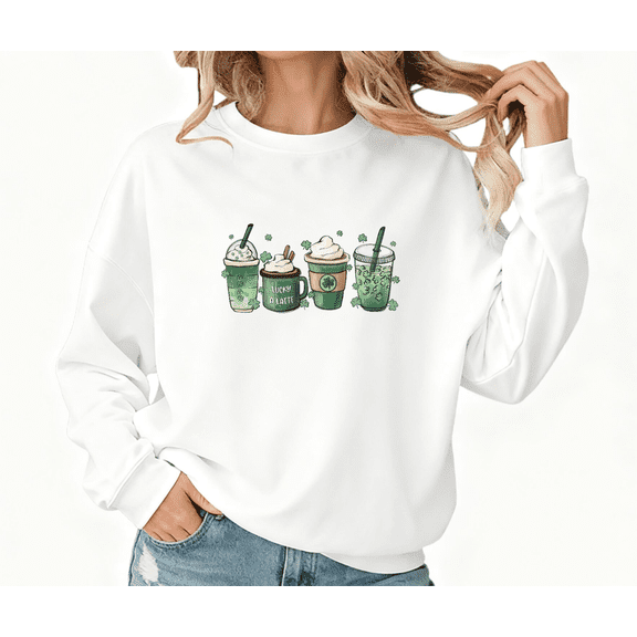 Women Lucky Latte Clover Drinks St Patricks Day Cotton Graphic Round-neck long-sleeved White S-3XL