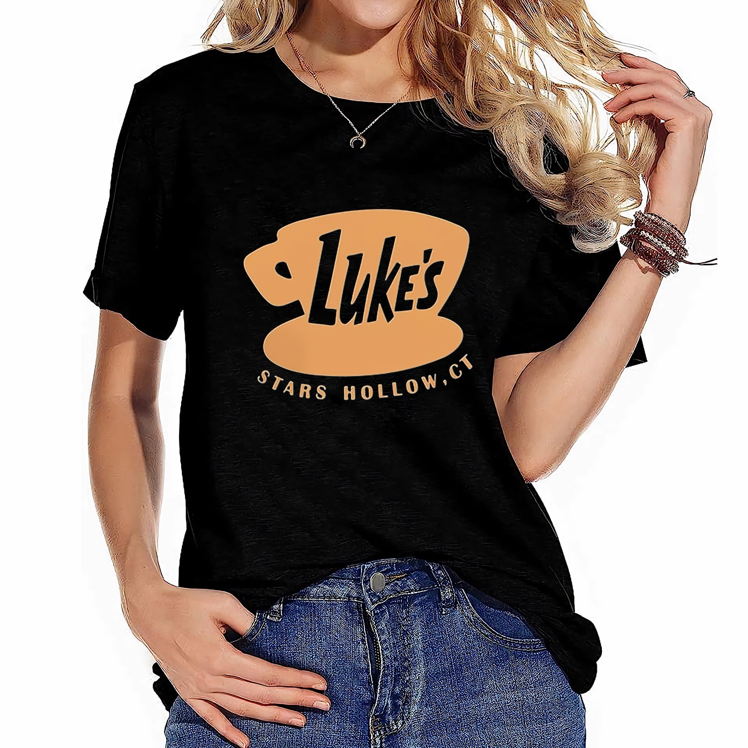 Women Lukes Stars T-Shirt Hollow Ct Letter Coffee Graphic Print Short ...