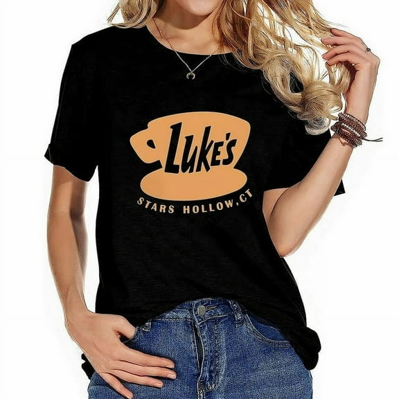 Women Lukes Stars T-Shirt Hollow Ct Letter Coffee Graphic Print Short Sleeve Tee