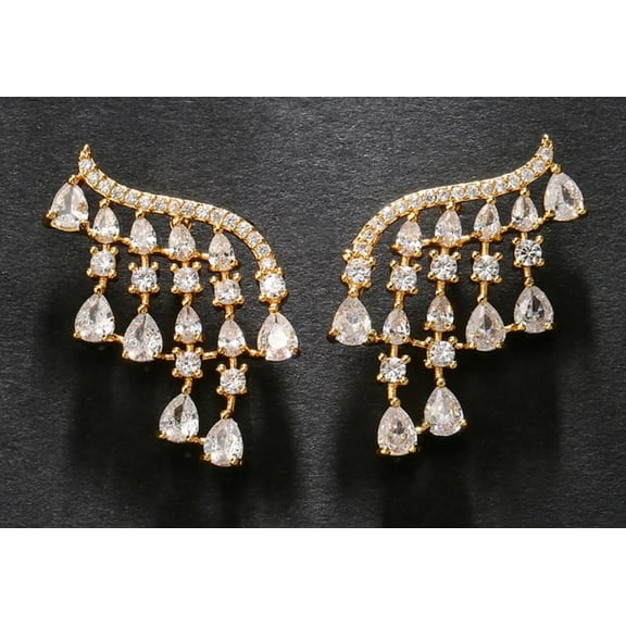 Women Luxury AAA Cubic Zirconia Golden Tassel Stud Earrings Bridal Wedding Fashion Jewelry Dress Accessories