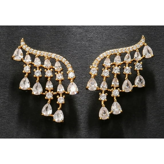 Women Luxury AAA Cubic Zirconia Golden Tassel Stud Earrings Bridal Wedding Fashion Jewelry Dress Accessories
