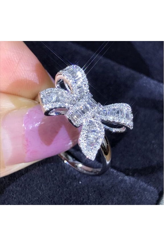 Women Luxury Bow Ring Silver Shiny Full Diamond Ring Cubic Zirconia Promise Rings Row Ring Engagement Wedding Band Rin