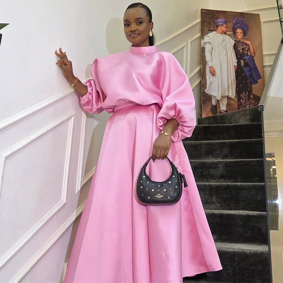 Women Luxury Pink Satin Maxi Dress Stand Turtleneck Lantern Sleeve High Waist Flowy Floor Length Gown