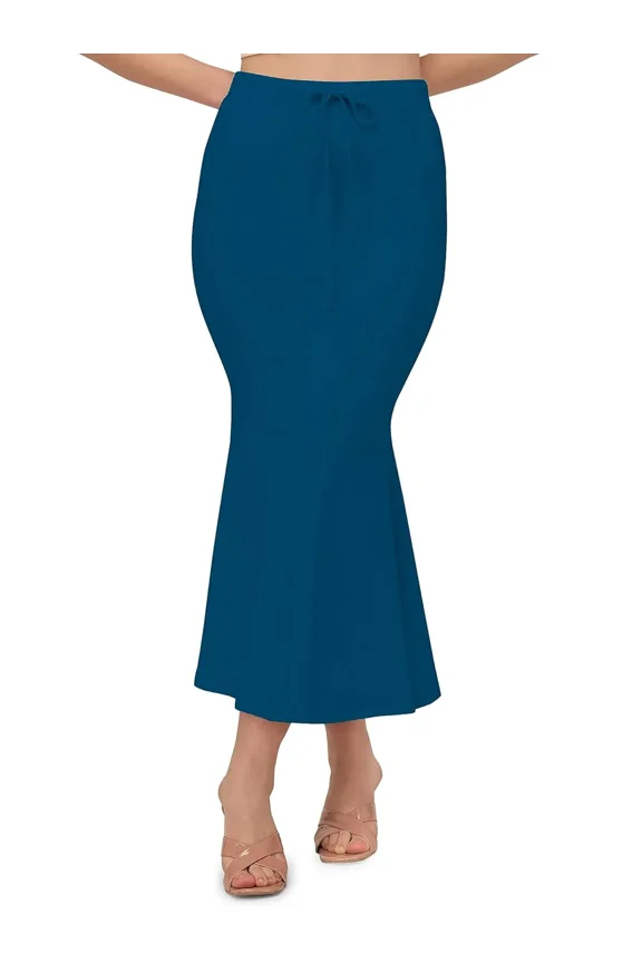Women Lycra Cotton Flare Saree Shapewear Underskirt Fishcut Petticoat Peacock Blue M