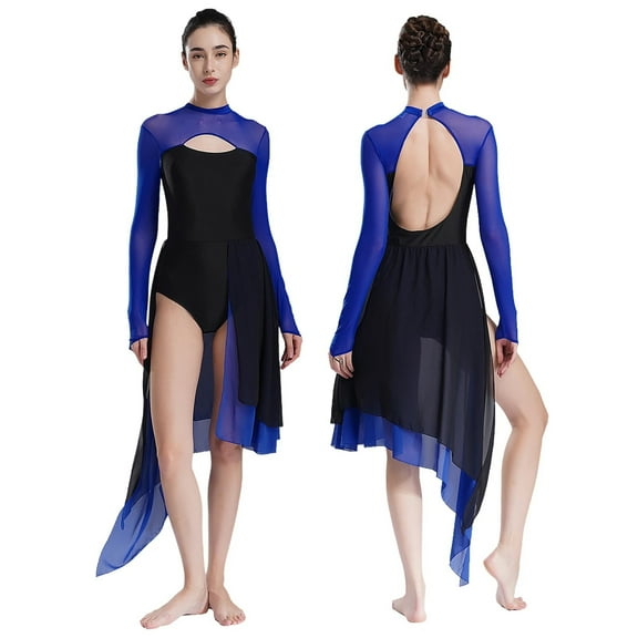 Women Lyrical Dance Leotard Dress Long Sleeve Backless Dancewear Figure Skating Ballet Gymnastics Performance Costume