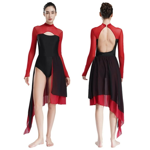 Women Lyrical Dance Leotard Dress Long Sleeve Backless Dancewear Figure Skating Ballet Gymnastics Performance Costume