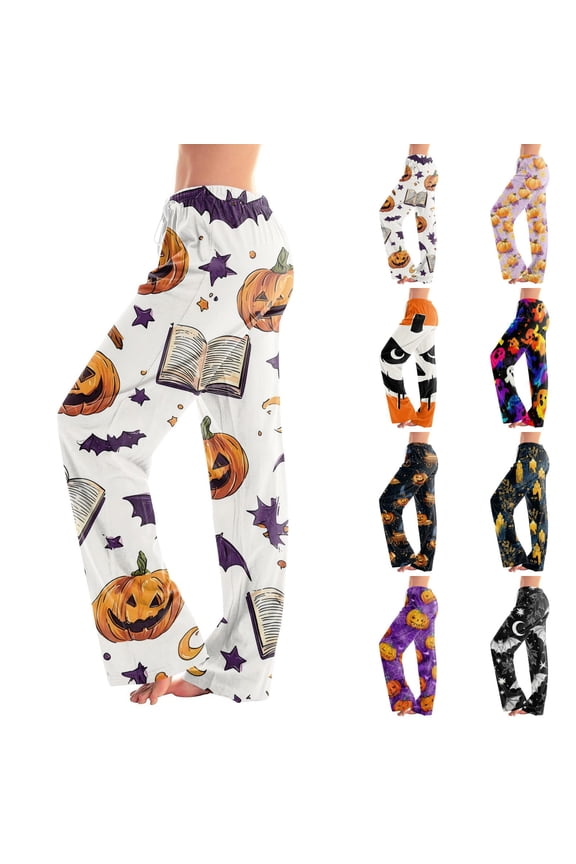 Women Magic Book Bat Pumpkin Moon Star Halloween Print Drawstring Lounge Pants Milk Silk Women Sleep Casual Trousers Red L