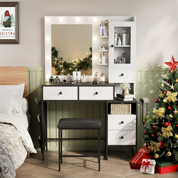 Small Vanity Desk with Mirror and Lights, Makeup Vanity Desk with 3 Drawers & 3 Shelves, 2X & 5X Magnifying and Power Outlet, Dressing Table for Bedroom,