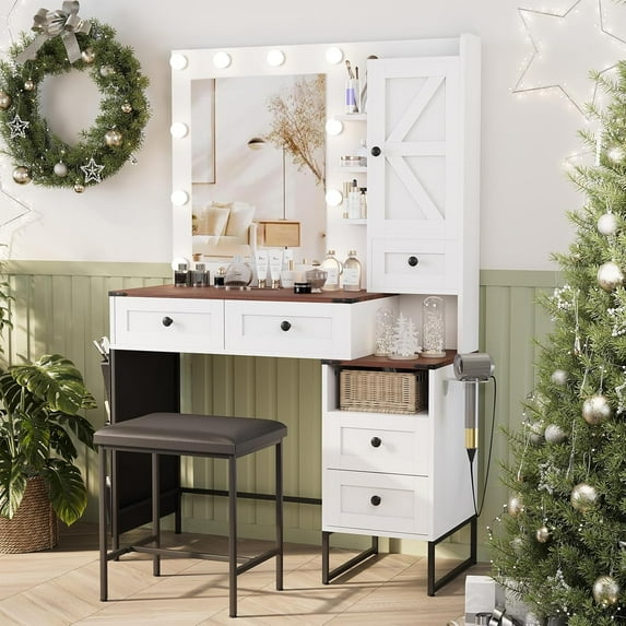 Makeup Vanity Desk with LED Mirror & 3 Brightness Levels, Makeup Table with 4 Drawers, Power Outlets, Hairdryer Holder & Cushion Stool for Dressing Room