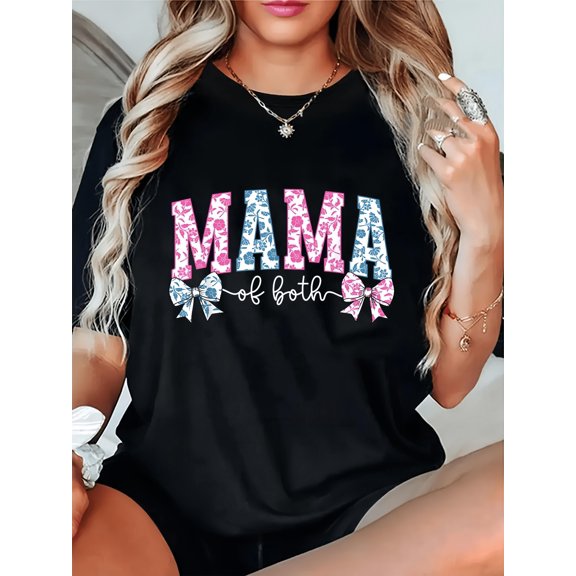Women Mama of Both T‑Shirt, Floral Print Pink Blue Bow Mom Mother's Day Casual Short Sleeve Tee