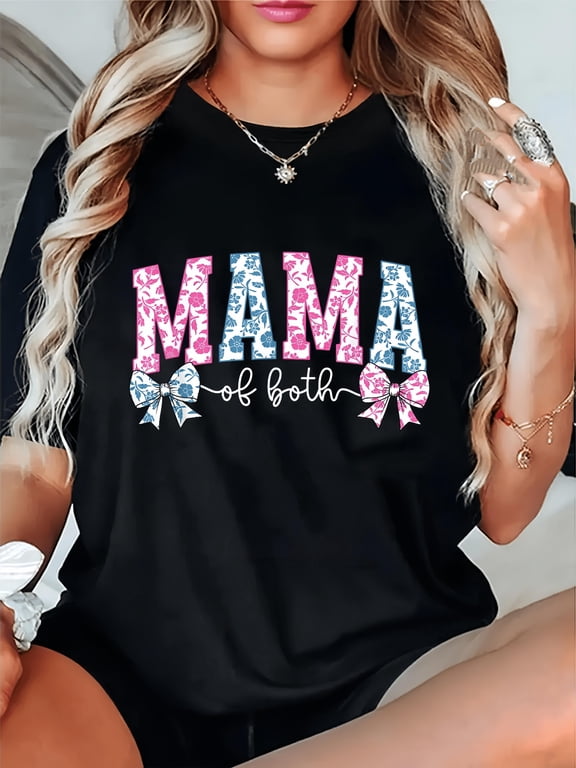 Women Mama of Both T‑Shirt, Floral Print Pink Blue Bow Mom Mother's Day Casual Short Sleeve Tee