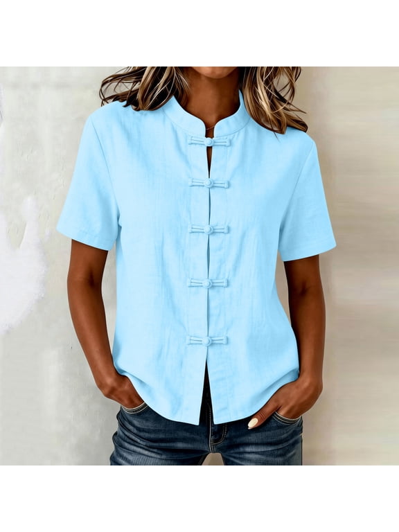 Women Mandarin Collar Button Up Shirt, Short Sleeve Chinese Frog Buttons Linen Blouse,Loose Fit Summer Tunic Top for Vacation Everyday Wear Light Blue L