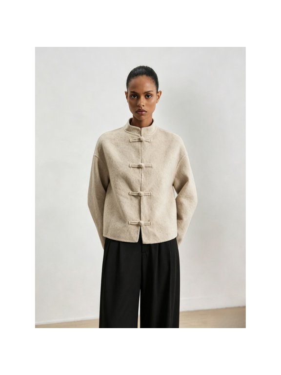 Women Mandarin Collar Frog Button Cropped Coat Long Sleeve Casual Outerwear