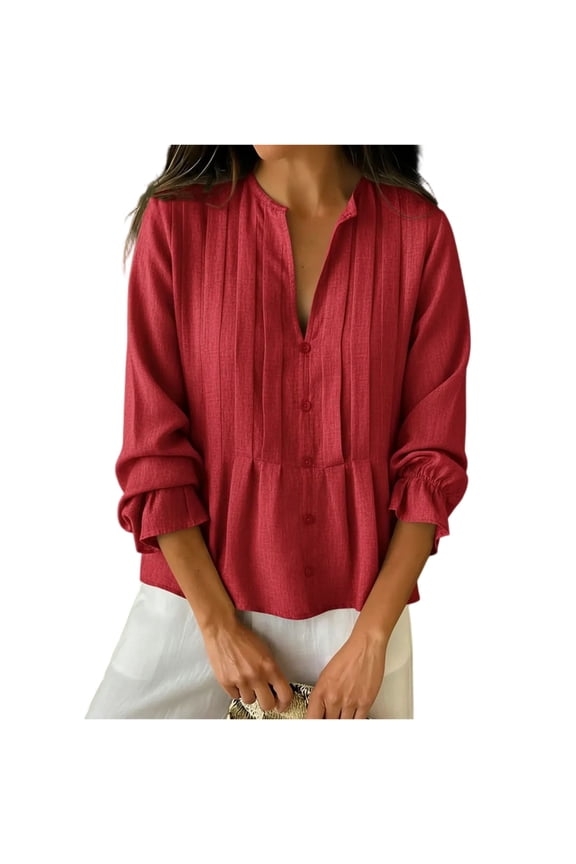 Women Mandarin Collar Half Button Shirt Pintuck Peplum Blouse with Ruffled Cuffs Red 2XL