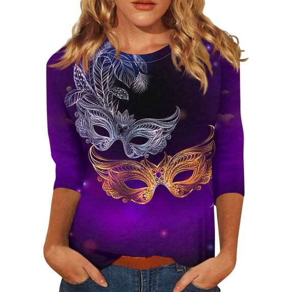 Women Mardi Gras 3/4 Length Sleeve Shirt, Carnival Party Cruise Tee with 3D Graphic Round Neck Tunic Top
