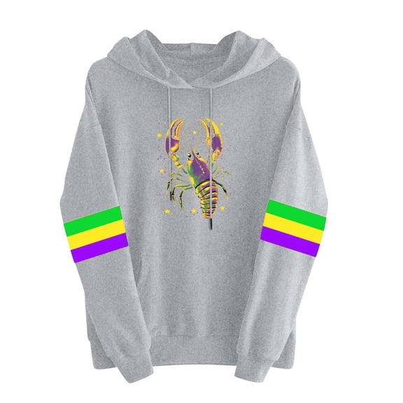 Women Mardi Gras Hoodies Long Sleeve Striped Hooded Sweatshirt Carnival Mask Pullover Top Holiday Parade Shirts Fat Tuesday Casual Long Sleeve Shirt Funny Vocation Outfits Gray XS