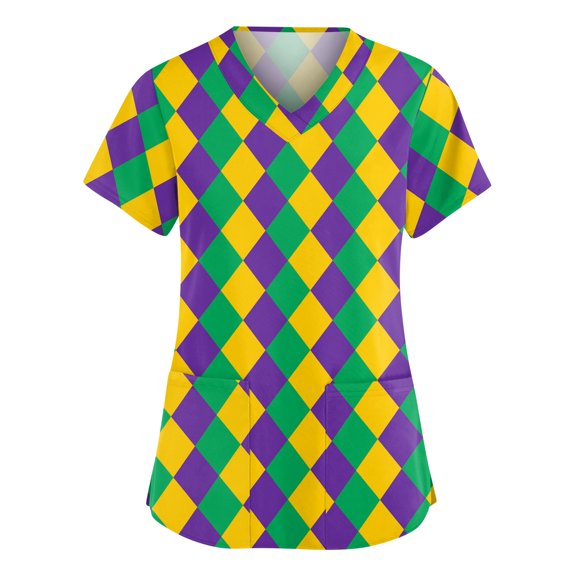 Women Mardi Gras Scrub Tops Casual V Neck Funny Carnival Mask Printed Scrubs Hoilday Short Sleeve Scrub Shirts Medical Nurse Workwear Nursing Uniform with Pockets Green XL