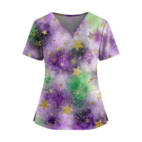 Women Mardi Gras Scrub Tops Casual V Neck Funny Carnival Mask Printed Scrubs Loose Short Sleeve Scrub Shirts Nursing Uniform Medical Nurse Workwear with Pockets Purple Pink L