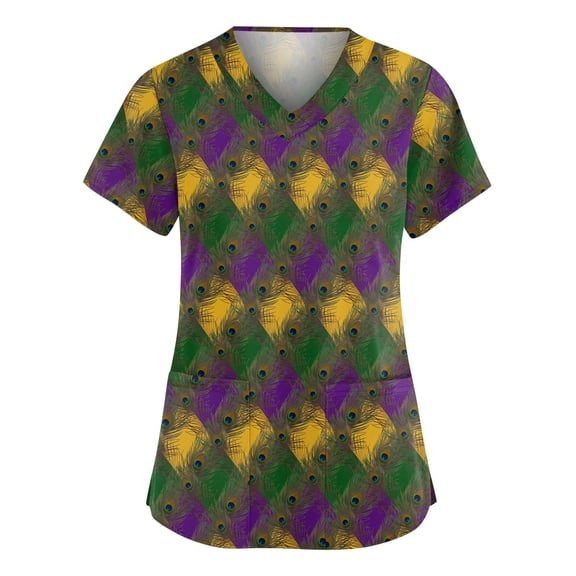 Women Mardi Gras Scrub Tops Hoilday V Neck Funny Carnival Mask Printed Scrubs Loose Short Sleeve Scrub Shirts Nursing Uniform Medical Nurse Workwear with Pockets Green 5XL