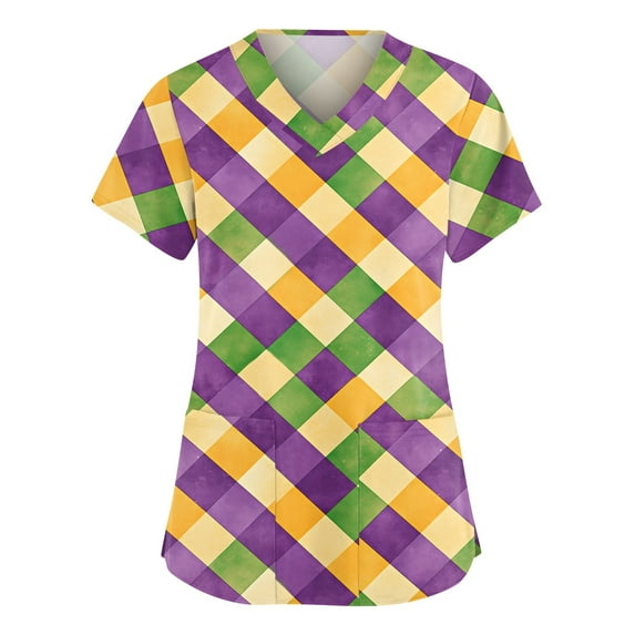 Women Mardi Gras Scrub Tops Plus Size Casual Short Sleeve Funny Carnival Mask Graphic Scrubs Loose V Neck Scrub Shirts Nursing Uniform Medical Nurse Workwear with Pockets Yellow 3XL