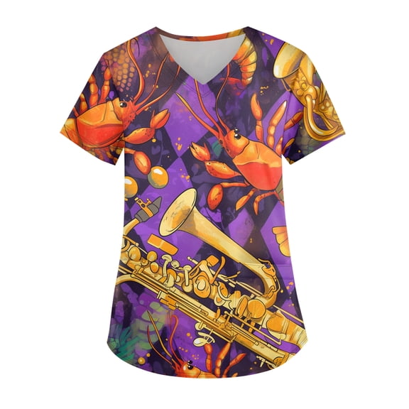 Women Mardi Gras Scrub Tops Plus Size Casual V Neck Funny Carnival Mask Graphic Scrub Shirts Hoilday Short Sleeve Scrubs Nursing Uniform Medical Nurse Workwear with Pockets Purple Pink M
