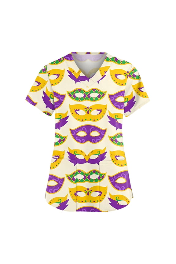 Women Mardi Gras Scrub Tops Plus Size Casual V Neck Funny Carnival Mask Printed Scrubs Hoilday Short Sleeve Scrub Shirts Medical Nurse Uniform Nursing Workwear with Pockets Yellow XL