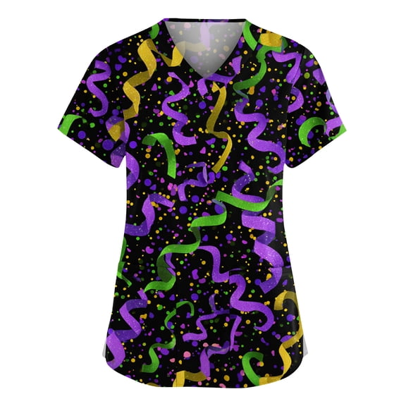 Women Mardi Gras Scrub Tops Plus Size Hoilday Short Sleeve Funny Carnival Mask Graphic Scrubs Loose V Neck Scrub Shirts Medical Nurse Uniform Nursing Workwear with Pockets Purple XL