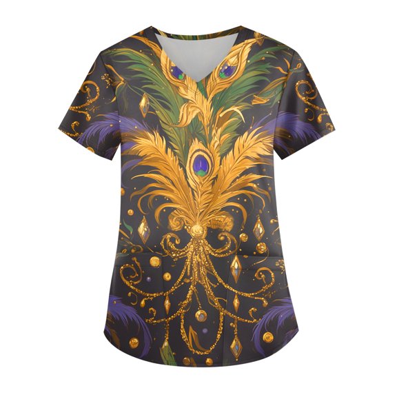Women Mardi Gras Scrub Tops Plus Size Loose V Neck Funny Carnival Mask Graphic Scrubs Hoilday Short Sleeve Scrub Shirts Nursing Workwear Medical Nurse Uniform with Pockets Orange L