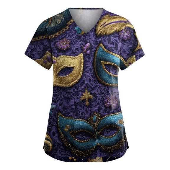 Women Mardi Gras Scrubs Casual Short Sleeve Funny Carnival Mask Graphic Scrub Tops Loose V Neck Scrub Shirts Medical Nurse Uniform Nursing Workwear with Pockets Dark Blue 3XL