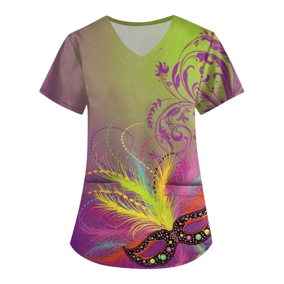 Women Mardi Gras Scrubs Casual V Neck Funny Carnival Mask Graphic Scrub Tops Loose Short Sleeve Scrub Shirts Nursing Uniform Medical Nurse Workwear with Pockets Purple Pink L
