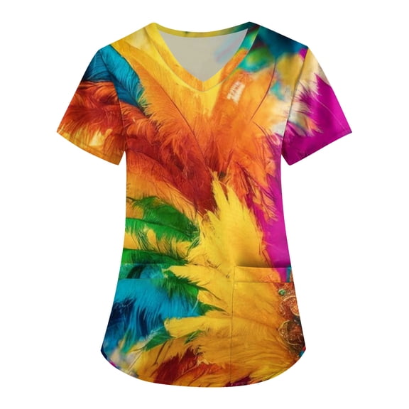 Women Mardi Gras Scrubs Casual V Neck Funny Carnival Mask Printed Scrub Shirts Loose Short Sleeve Scrub Tops Nursing Uniform Medical Nurse Workwear with Pockets Saffron L