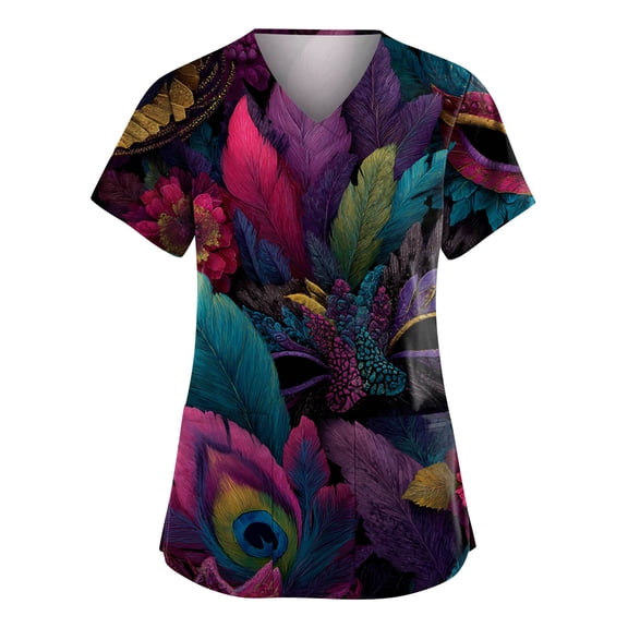 Women Mardi Gras Scrubs Hoilday Short Sleeve Funny Carnival Mask Graphic Scrub Shirts Casual V Neck Scrub Tops Medical Nurse Workwear Nursing Uniform with Pockets Dark Purple S