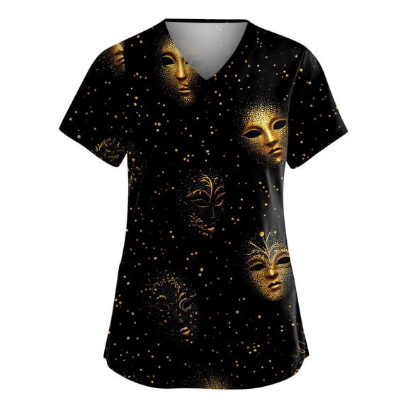 Women Mardi Gras Scrubs Plus Size Hoilday Short Sleeve Funny Carnival Mask Graphic Scrub Tops Loose V Neck Scrub Shirts Nursing Uniform Medical Nurse Workwear with Pockets Black XL