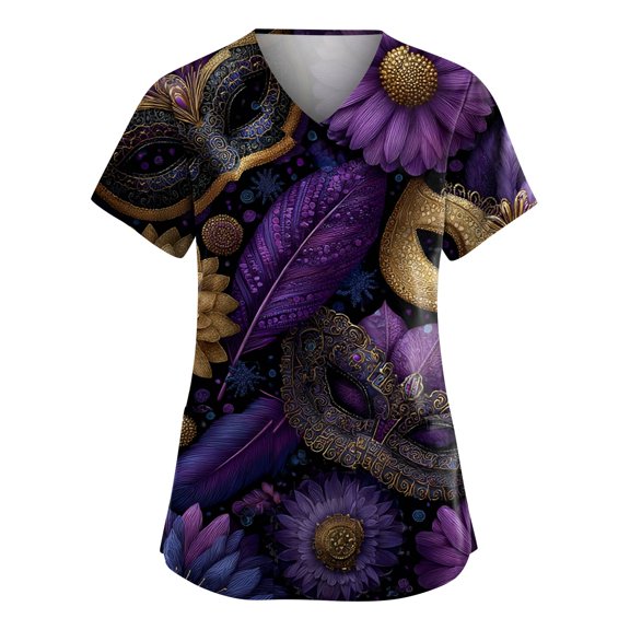Women Mardi Gras Scrubs Plus Size Loose V Neck Funny Carnival Mask Printed Scrub Shirts Hoilday Short Sleeve Scrub Tops Medical Nurse Uniform Nursing Workwear with Pockets Purple 3XL