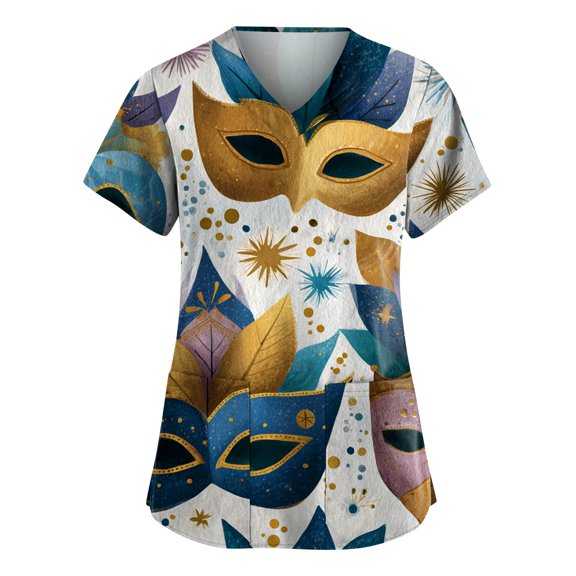 Women Mardi Gras Scrubs Plus Size Loose V Neck Funny Carnival Mask Printed Scrub Shirts Hoilday Short Sleeve Scrub Tops Nursing Workwear Medical Nurse Uniform with Pockets Blue S