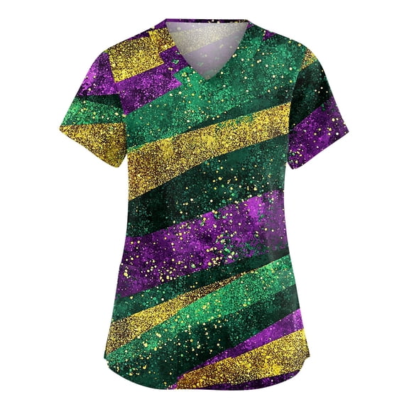 Women Mardi Gras Scrubs Top Casual V Neck Funny Carnival Mask Printed Scrubs Hoilday Short Sleeve Scrub Shirts Nursing Workwear Medical Nurse Uniform with Pockets Green 3XL