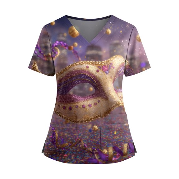 Women Mardi Gras Scrubs Top Loose Short Sleeve Funny Carnival Mask Printed Scrub Shirts Casual V Neck Scrubs Nursing Workwear Medical Nurse Uniform with Pockets Gold 5XL