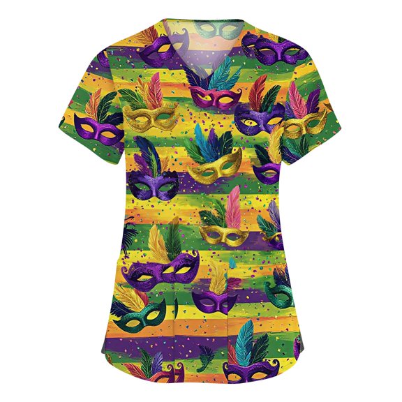 Women Mardi Gras Scrubs Top Loose V Neck Funny Carnival Mask Graphic Scrub Shirts Casual Short Sleeve Scrubs Nursing Uniform Medical Nurse Workwear with Pockets Yellow M