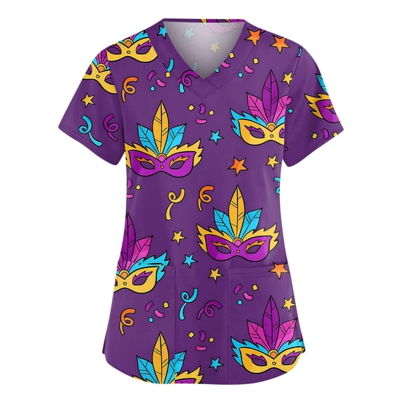 Women Mardi Gras Scrubs Top Loose V Neck Funny Carnival Mask Graphic Scrubs Casual Short Sleeve Scrub Shirts Medical Nurse Uniform Nursing Workwear with Pockets Dark Purple 3XL