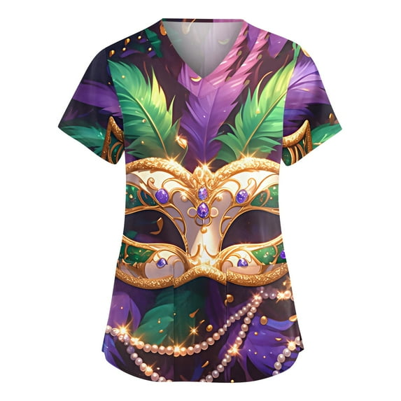 Women Mardi Gras Scrubs Top Plus Size Casual Short Sleeve Funny Carnival Mask Graphic Scrubs Hoilday V Neck Scrub Shirts Nursing Uniform Medical Nurse Workwear with Pockets Gold 5XL