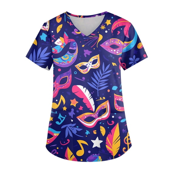 Women Mardi Gras Scrubs Top Plus Size Hoilday V Neck Funny Carnival Mask Graphic Scrub Shirts Casual Short Sleeve Scrubs Medical Nurse Workwear Nursing Uniform with Pockets Pink M