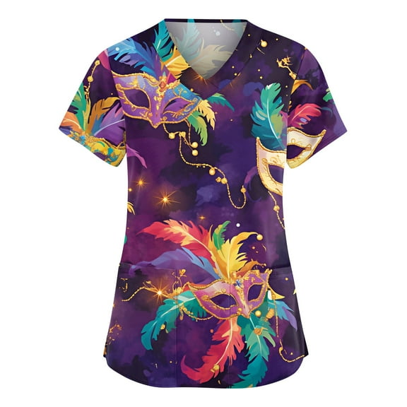 Women Mardi Gras Scrubs Top Plus Size Hoilday V Neck Funny Carnival Mask Graphic Scrub Shirts Loose Short Sleeve Scrubs Medical Nurse Uniform Nursing Workwear with Pockets Dark Purple 5XL