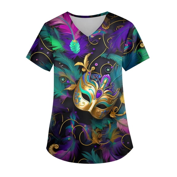 Women Mardi Gras Scrubs Top Plus Size Hoilday V Neck Funny Carnival Mask Graphic Scrubs Loose Short Sleeve Scrub Shirts Nursing Uniform Medical Nurse Workwear with Pockets Navy M