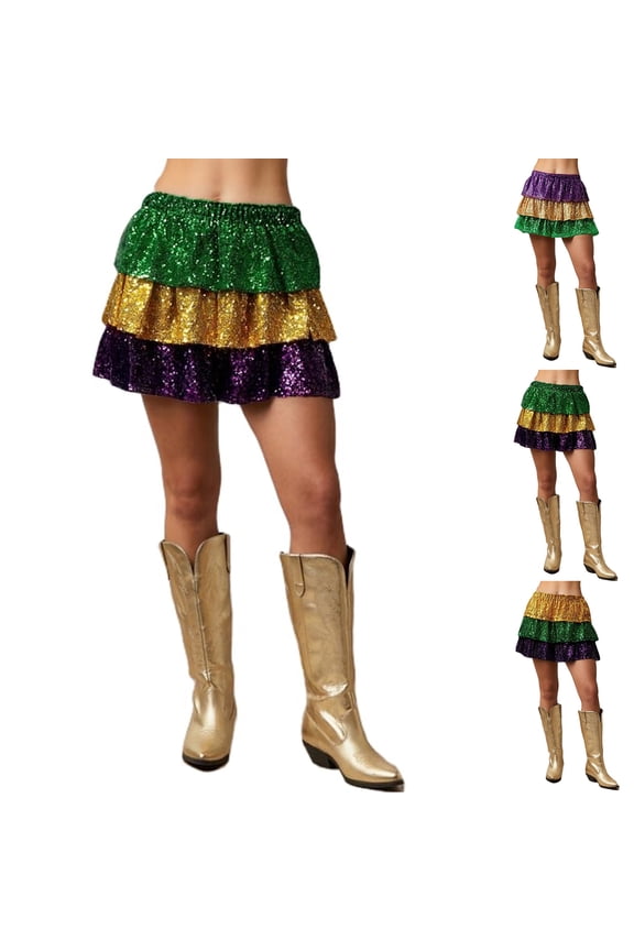 Women Mardi Gras Sequin Mini Skirts Ruffled Sparkly Colorful Short Skirts High Waist Shiny Glitter Carnival Skirt - Sequin Tiered Skirt Elastic Waist Glitter Ruffled Layered Mini Skirt Gold M