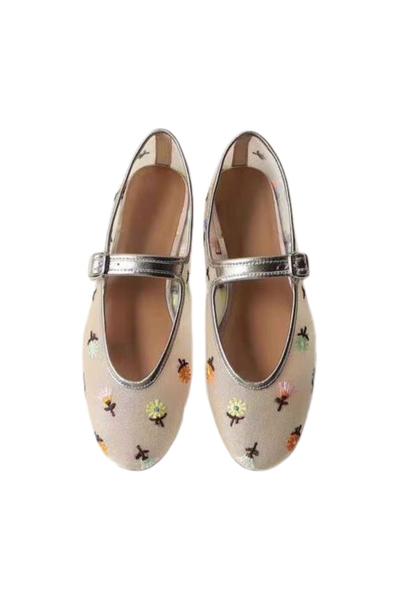 Women Mary Jane Flats Mesh Ballet Shoes Floral Embroidery Buckle Strap Breathable Casual Dress Shoes Beige