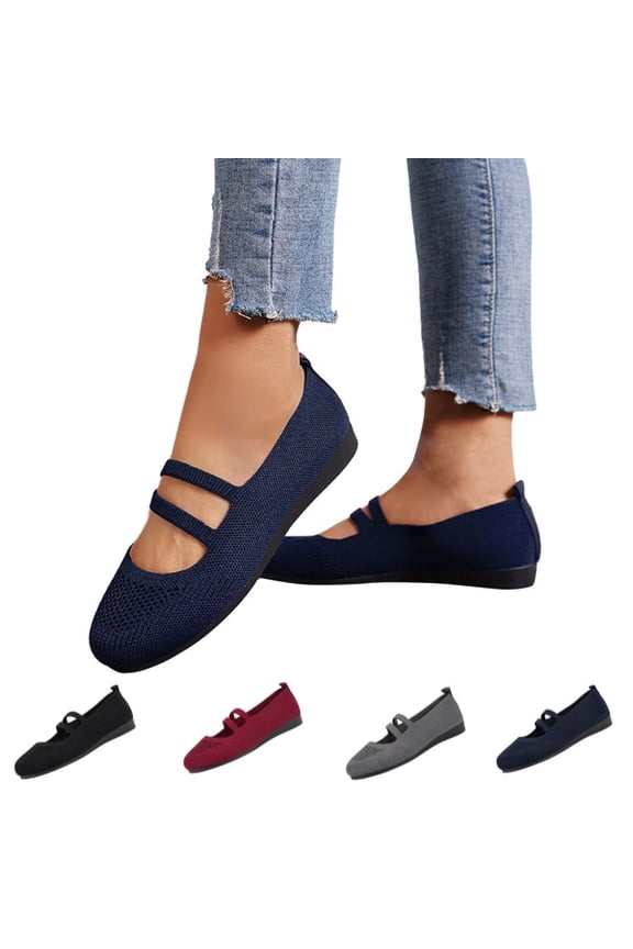 Women Mary Jane Flats Slip On Shoes Comfortable Knit Casual Ballerina Walking Dressy Office Womens Round Toe Mesh Breathable Lightweight Wide Width Dance Shoes,Navy,37
